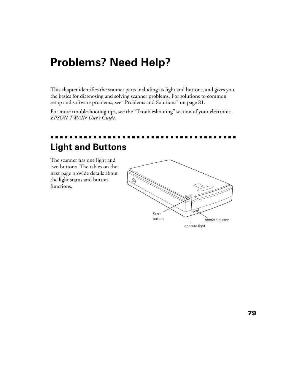 Problems? need help, Light and buttons | Epson Perfection 1200U User Manual | Page 86 / 113