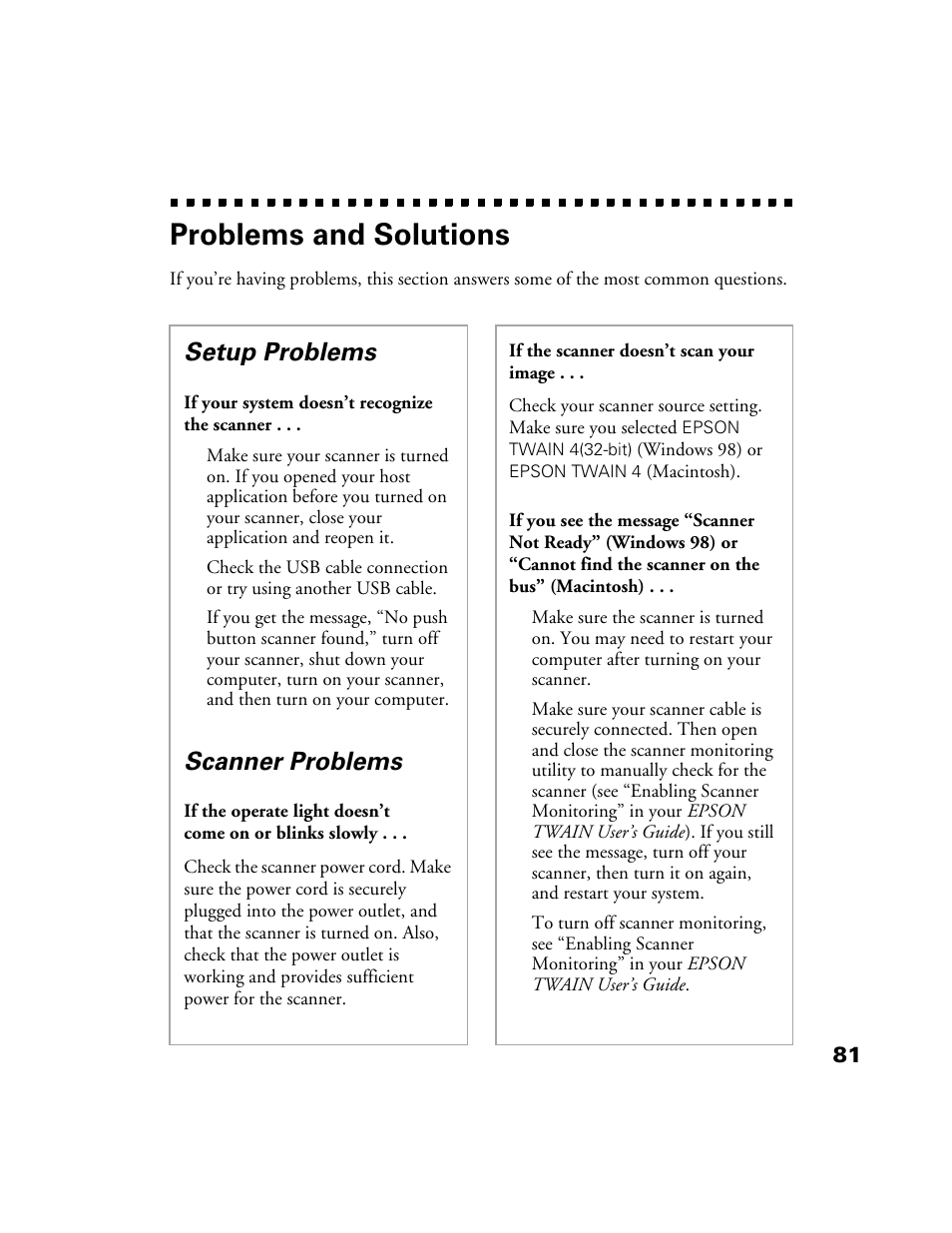 Problems and solutions, Setup problems, Scanner problems | Epson Perfection 1200U User Manual | Page 88 / 113