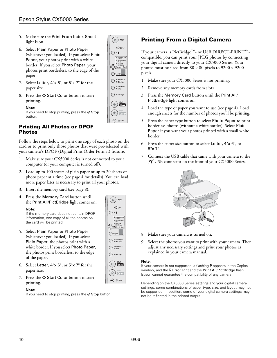 Printing all photos or dpof photos, Printing from a digital camera | Epson Stylus CX5000 User Manual | Page 10 / 18