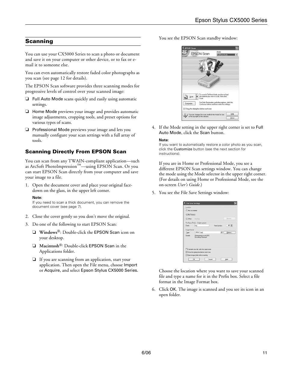 Scanning, Scanning directly from epson scan | Epson Stylus CX5000 User Manual | Page 11 / 18