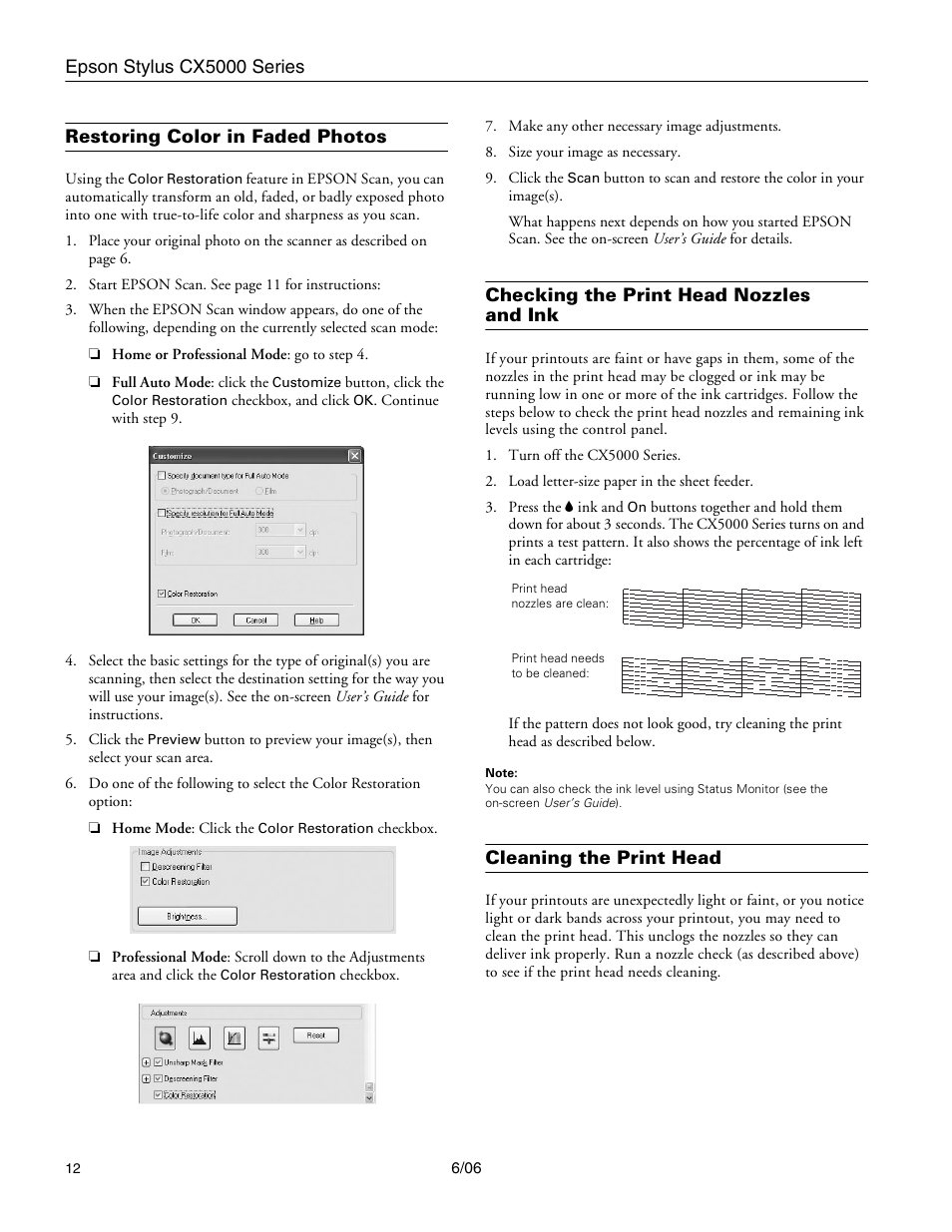 Restoring color in faded photos, Checking the print head nozzles and ink, Cleaning the print head | Epson Stylus CX5000 User Manual | Page 12 / 18