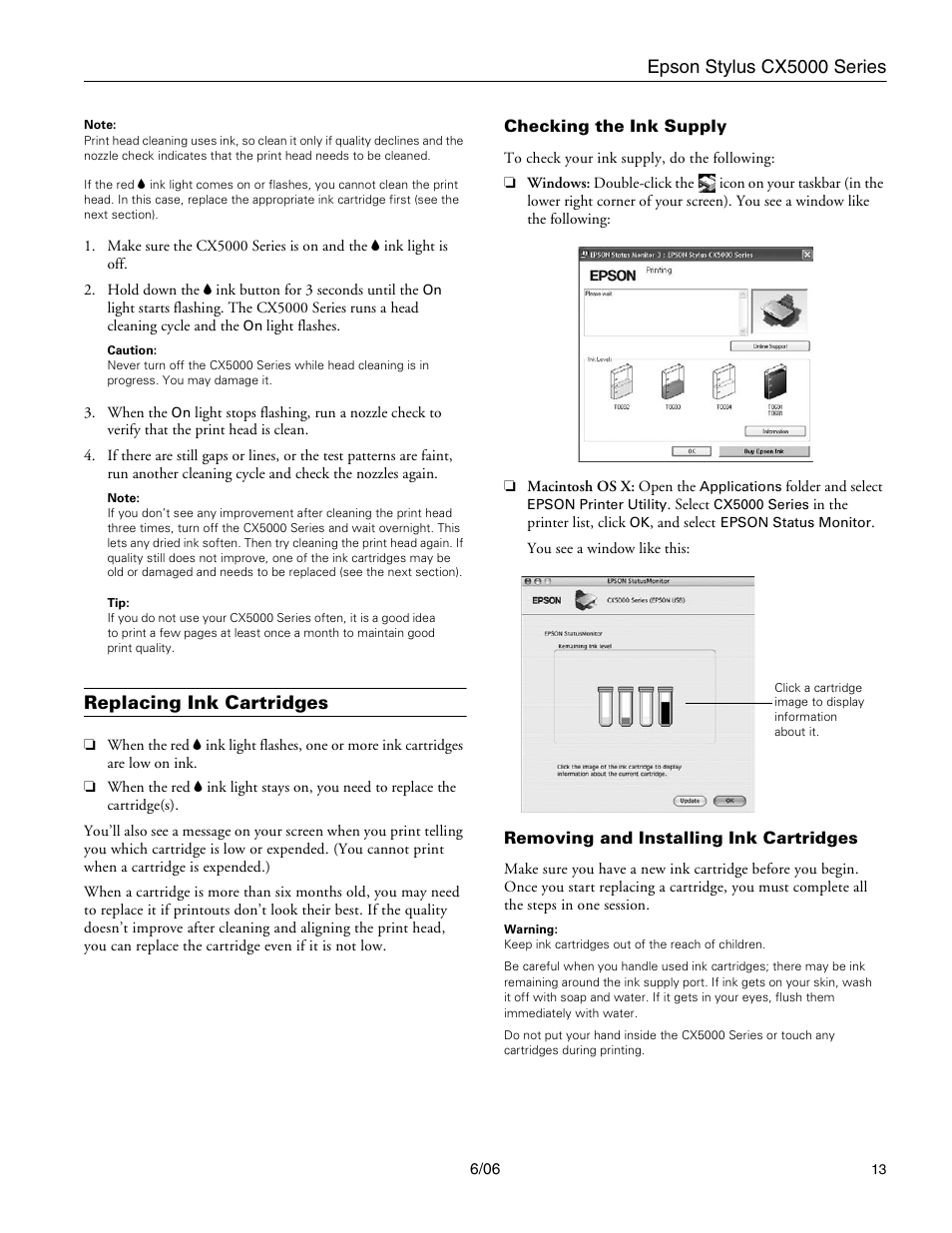 Replacing ink cartridges, Checking the ink supply, Removing and installing ink cartridges | Epson stylus cx5000 series | Epson Stylus CX5000 User Manual | Page 13 / 18