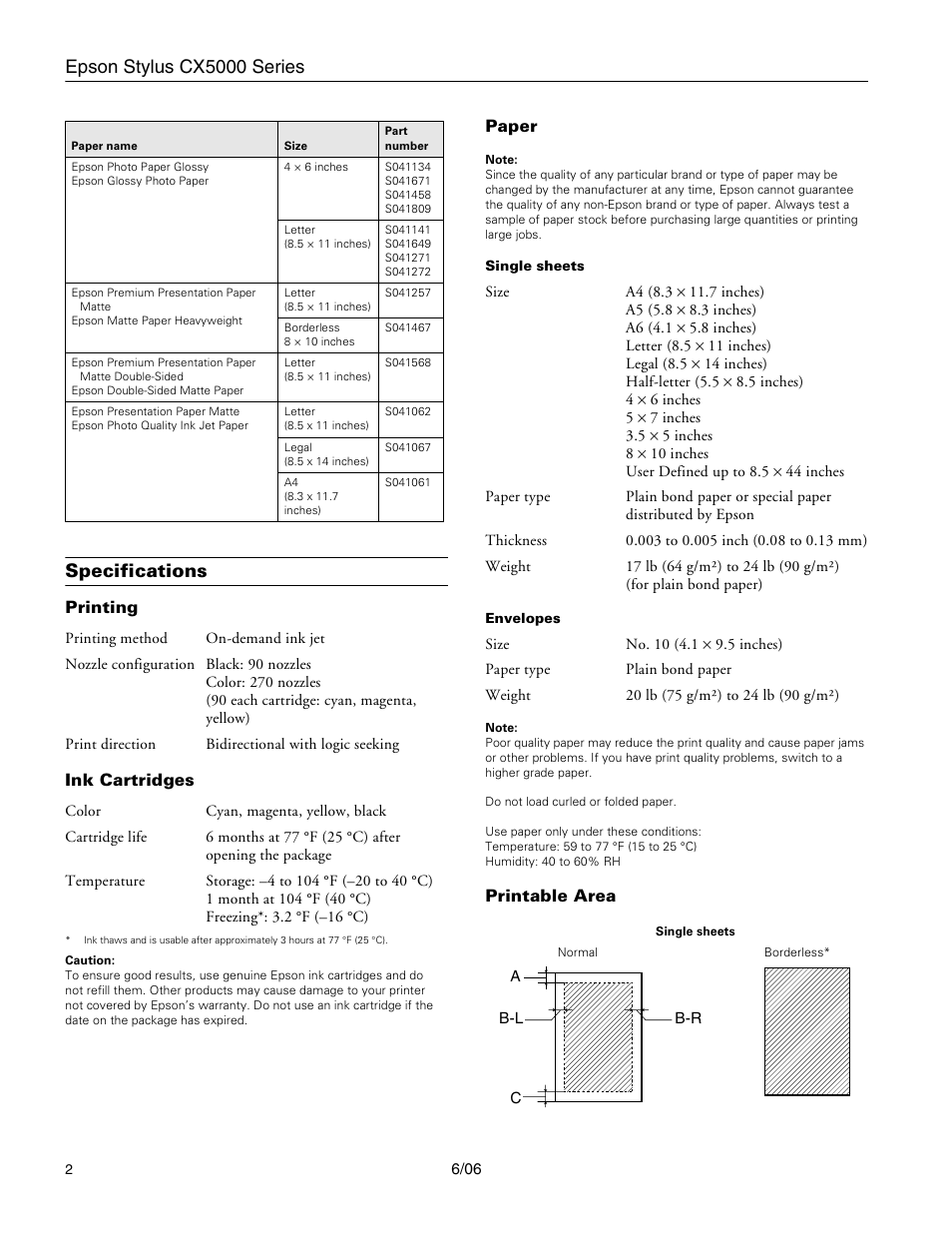Specifications, Printing, Ink cartridges | Paper, Printable area, Epson stylus cx5000 series | Epson Stylus CX5000 User Manual | Page 2 / 18