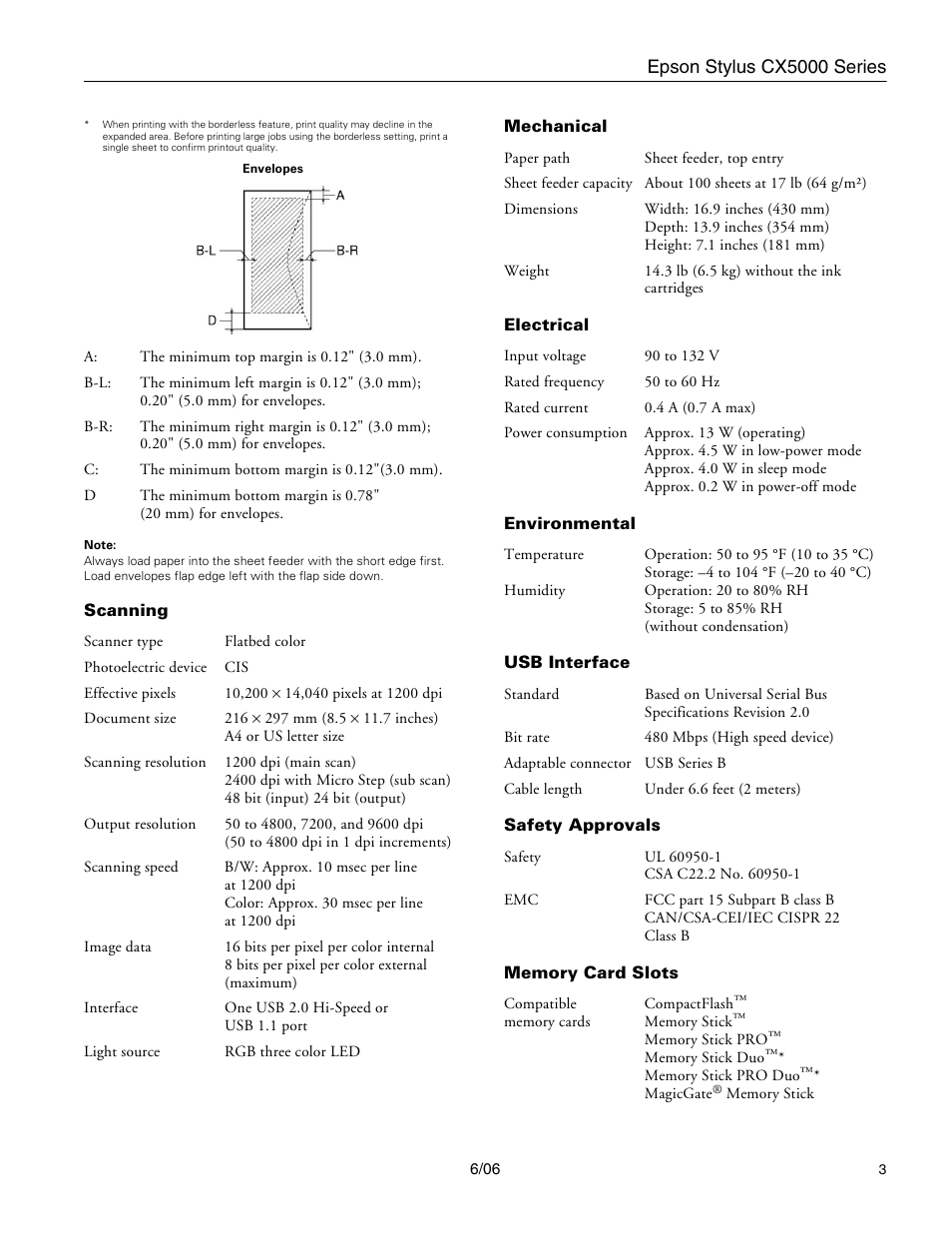 Scanning, Mechanical, Electrical | Environmental, Usb interface, Safety approvals, Memory card slots | Epson Stylus CX5000 User Manual | Page 3 / 18