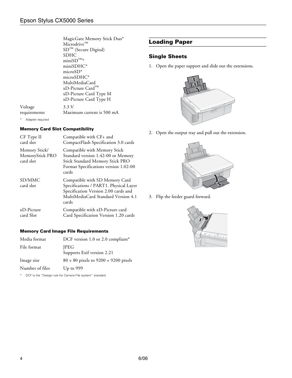 Loading paper, Single sheets, Epson stylus cx5000 series | Epson Stylus CX5000 User Manual | Page 4 / 18