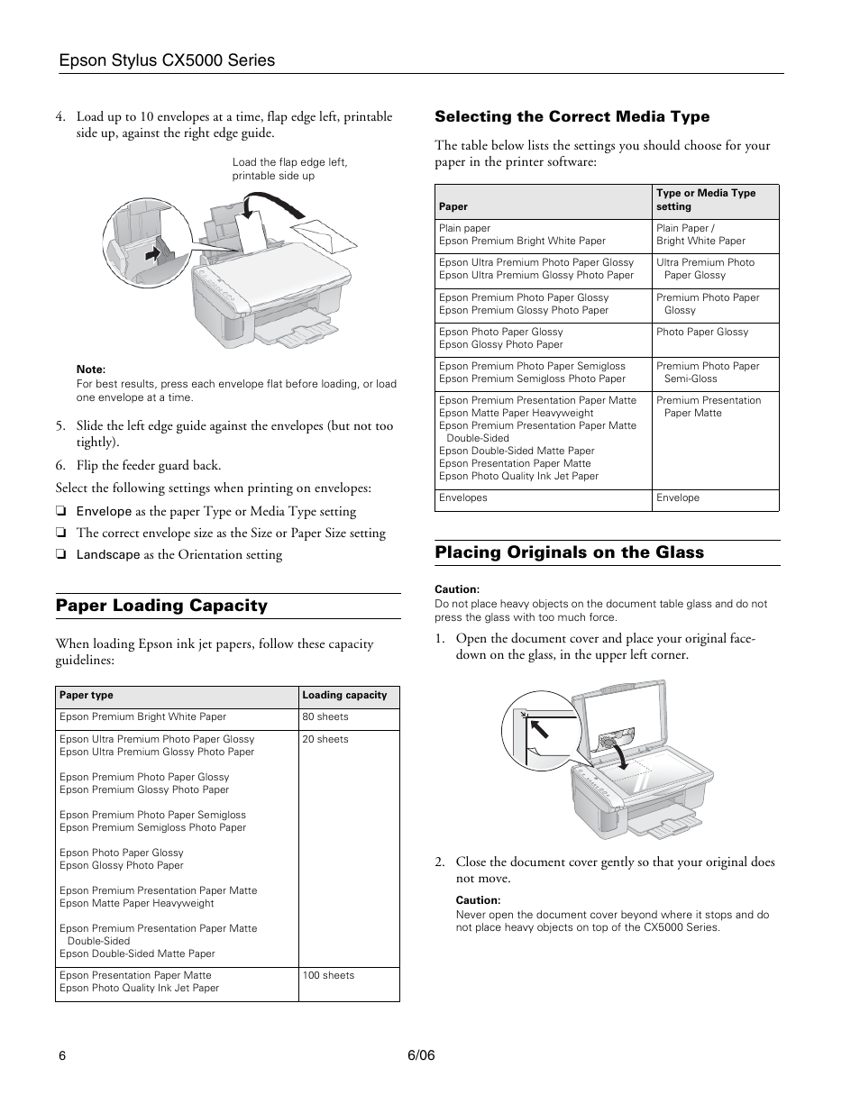 Paper loading capacity, Selecting the correct media type, Placing originals on the glass | Epson stylus cx5000 series | Epson Stylus CX5000 User Manual | Page 6 / 18