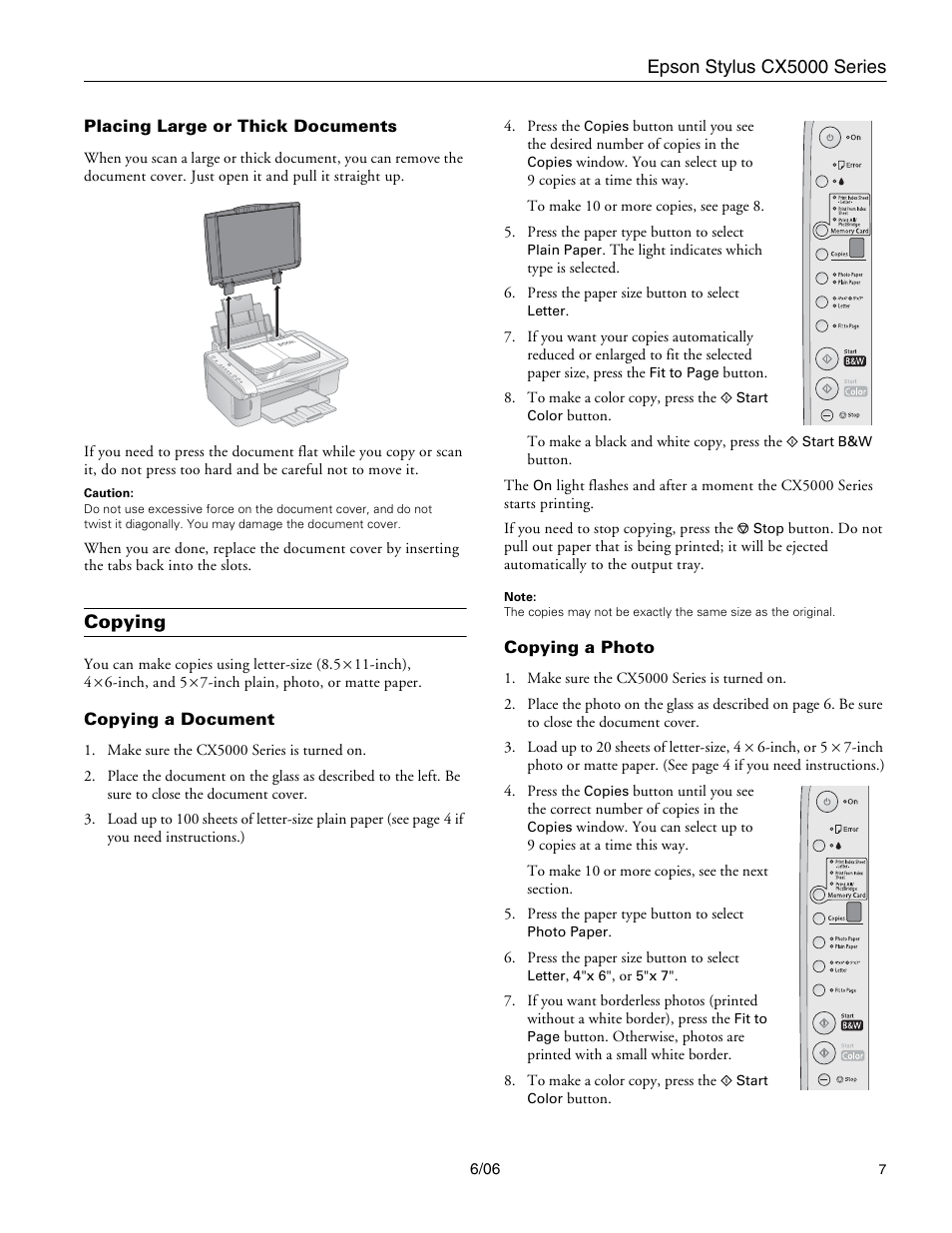 Placing large or thick documents, Copying, Copying a document | Copying a photo | Epson Stylus CX5000 User Manual | Page 7 / 18
