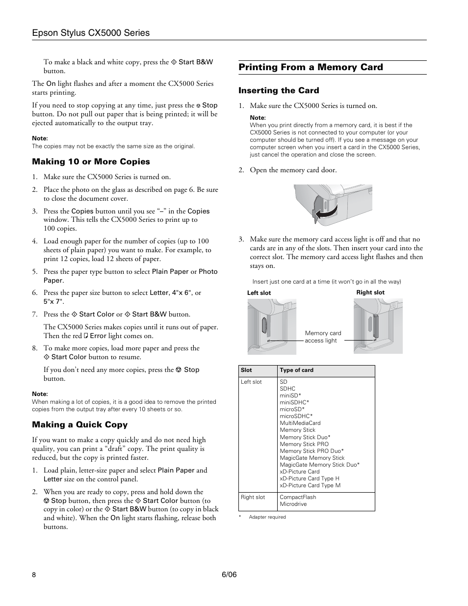 Making 10 or more copies, Making a quick copy, Printing from a memory card | Inserting the card, Epson stylus cx5000 series | Epson Stylus CX5000 User Manual | Page 8 / 18
