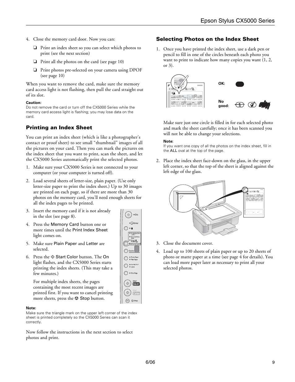Printing an index sheet, Selecting photos on the index sheet | Epson Stylus CX5000 User Manual | Page 9 / 18