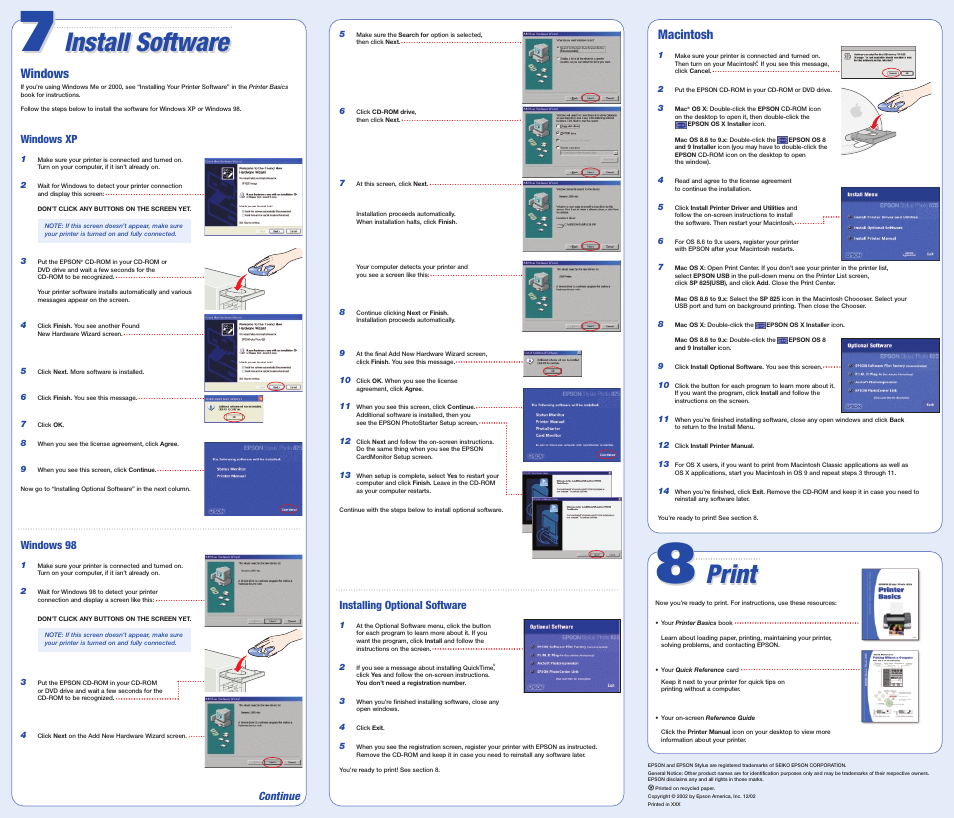 Install software, Print, Macintosh | Windows | Epson Stylus Photo 825 User Manual | Page 2 / 2
