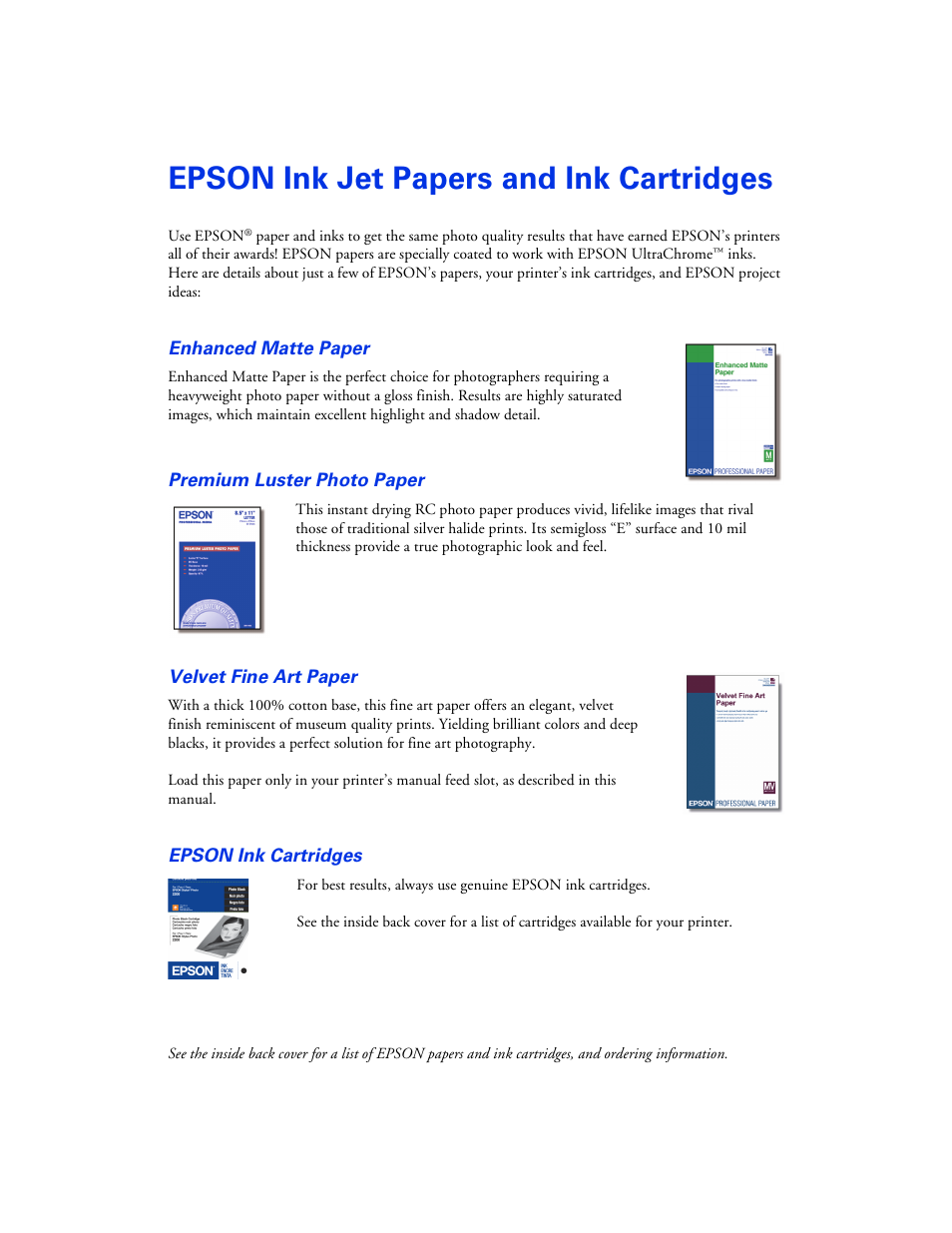 Epson ink jet papers and ink cartridges | Epson 2200 User Manual | Page 105 / 106