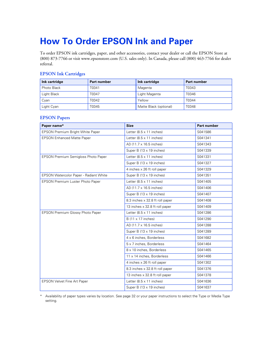 How to order epson ink and paper, Epson ink cartridges epson papers | Epson 2200 User Manual | Page 106 / 106