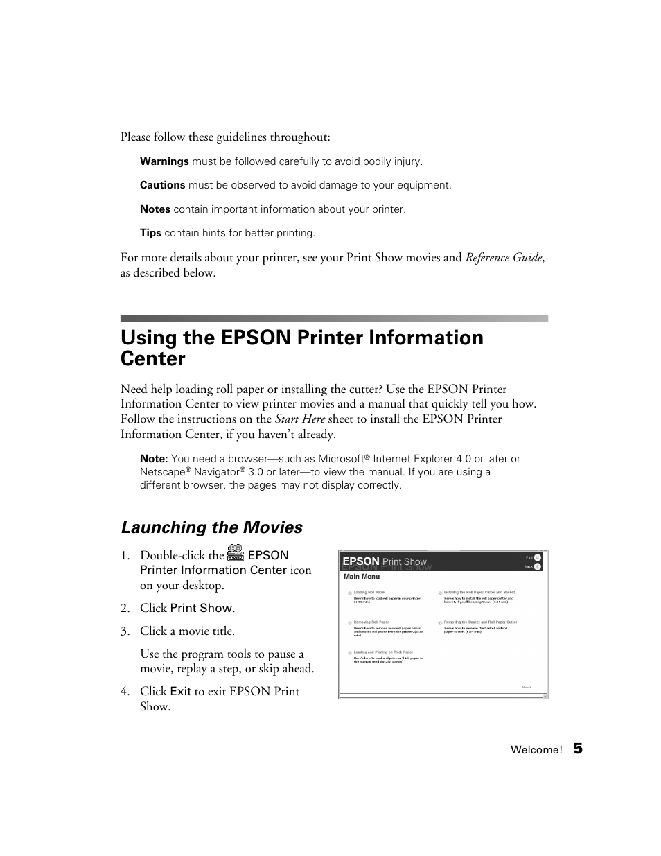 Using the epson printer information center, Launching the movies | Epson 2200 User Manual | Page 11 / 106
