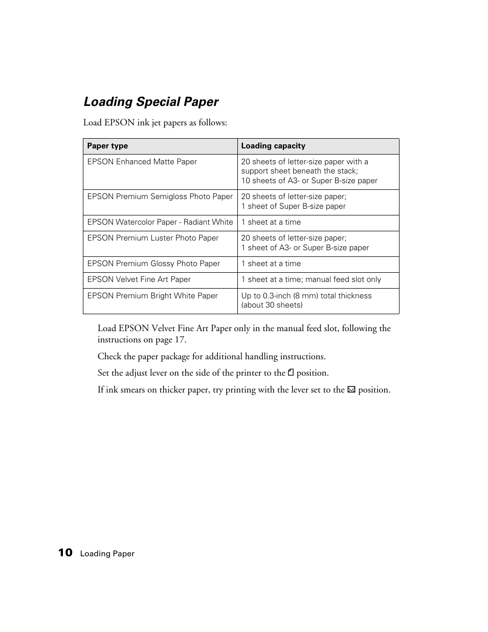 Loading special paper | Epson 2200 User Manual | Page 16 / 106