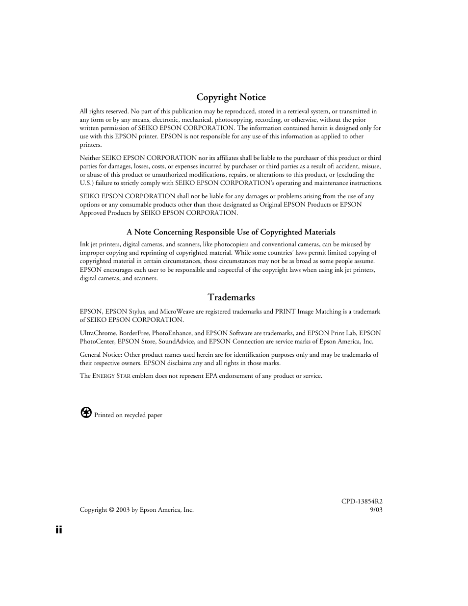 Copyright notice, Trademarks | Epson 2200 User Manual | Page 2 / 106
