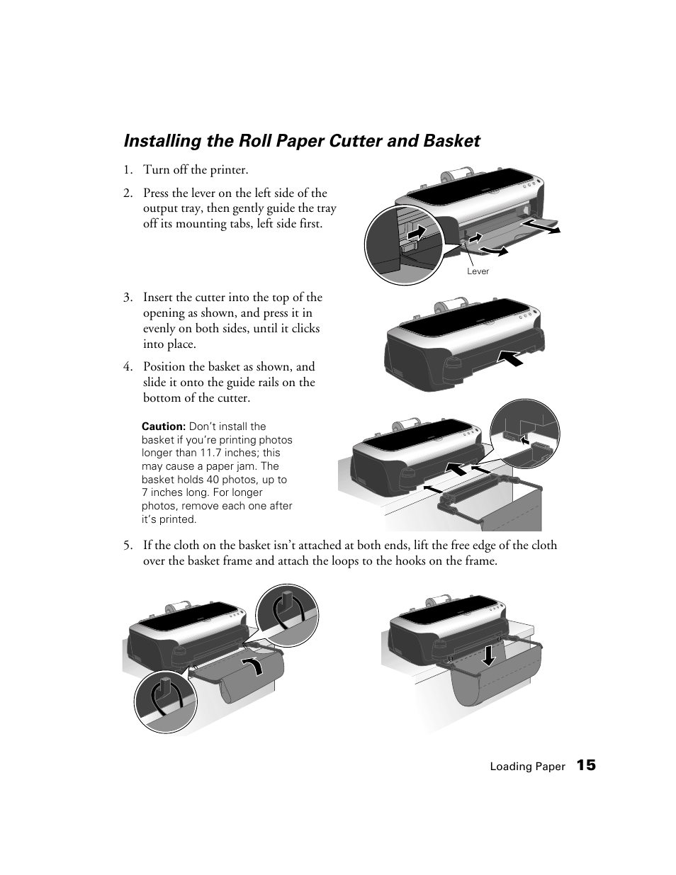 Installing the roll paper cutter and basket | Epson 2200 User Manual | Page 21 / 106