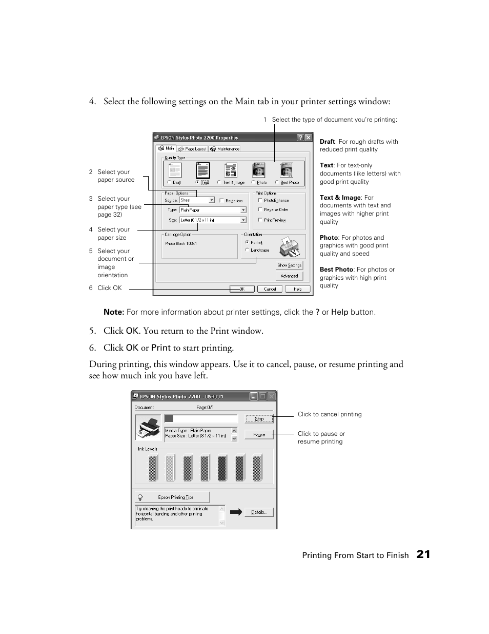 Click, You return to the print window. 6. click | Epson 2200 User Manual | Page 27 / 106