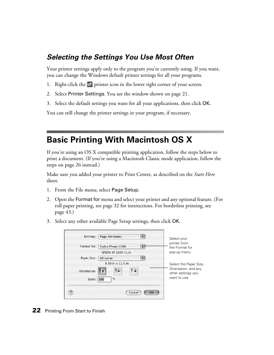 Selecting the settings you use most often, Basic printing with macintosh os x | Epson 2200 User Manual | Page 28 / 106