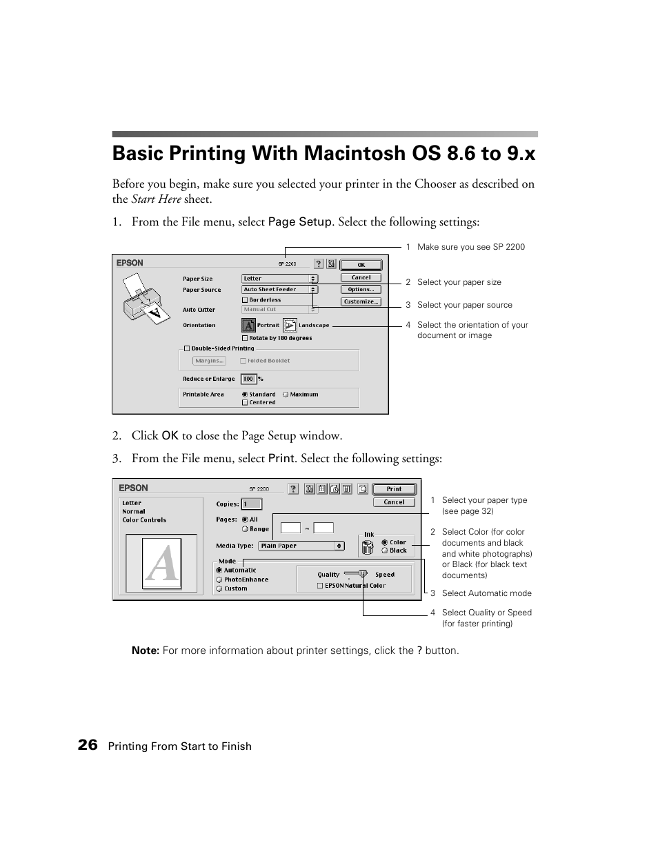 Basic printing with macintosh os8.6 to9.x, Basic printing with macintosh os 8.6 to 9.x, 26 for macintosh os | Epson 2200 User Manual | Page 32 / 106