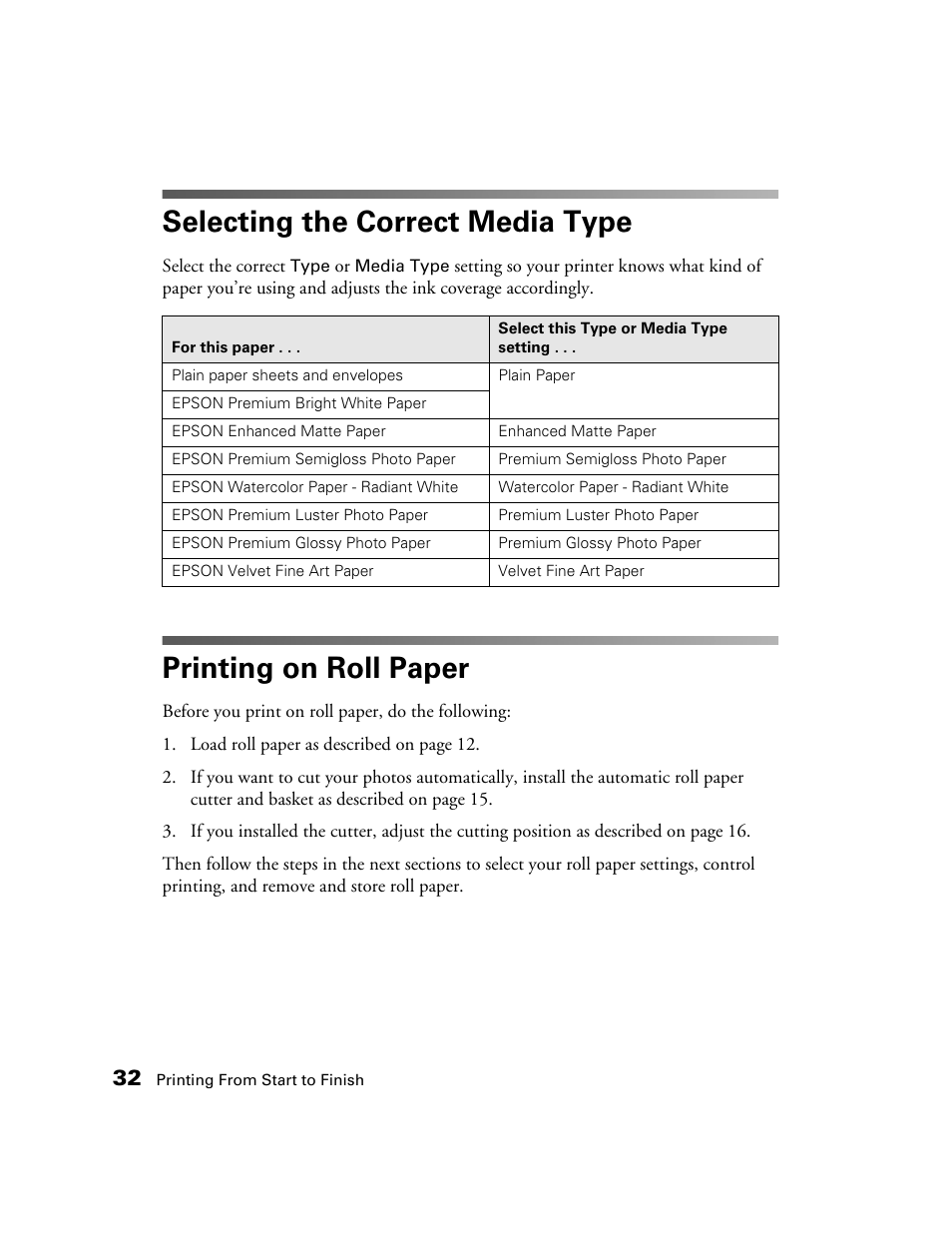 Selecting the correct media type, Printing on roll paper | Epson 2200 User Manual | Page 38 / 106