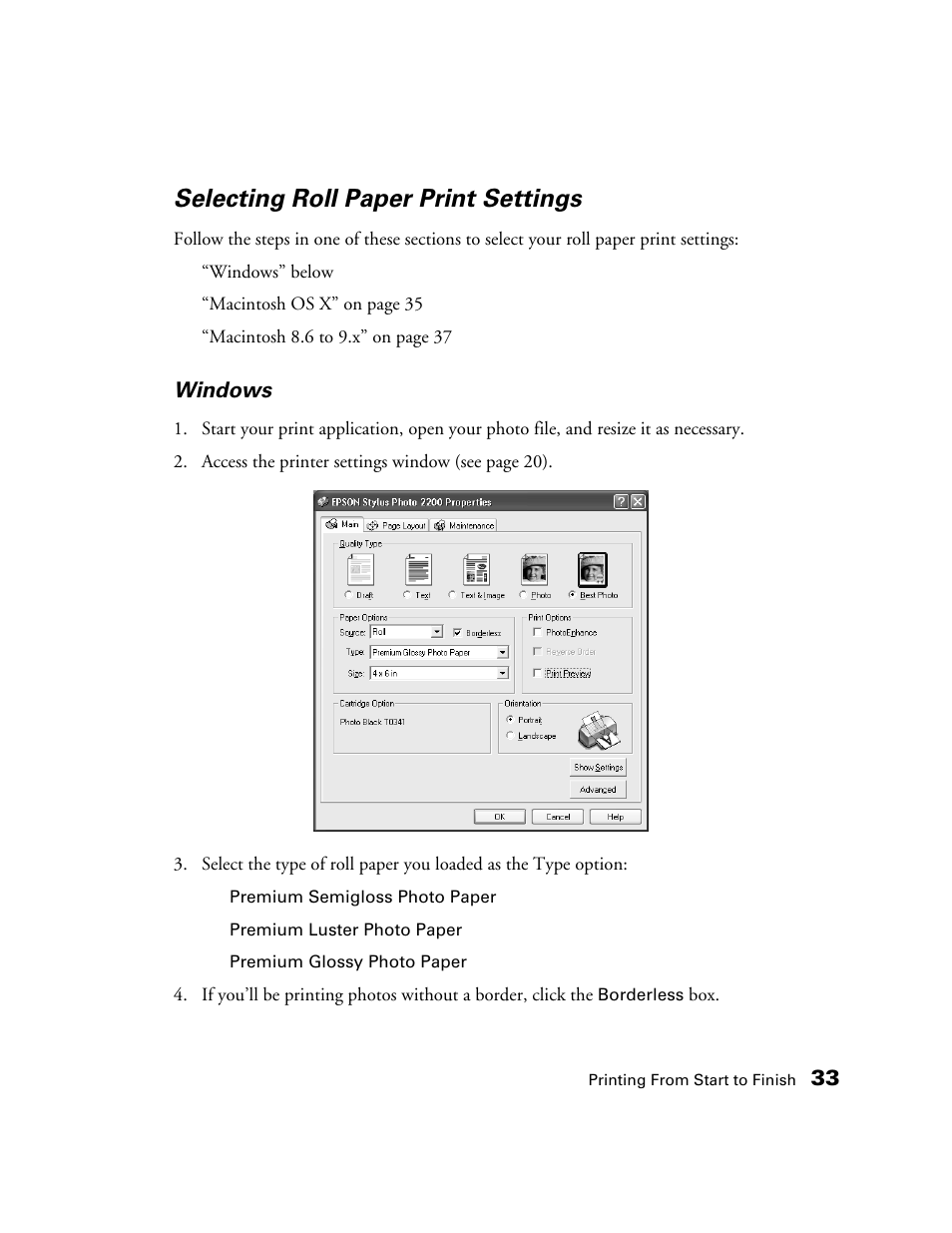 Selecting roll paper print settings, Windows | Epson 2200 User Manual | Page 39 / 106