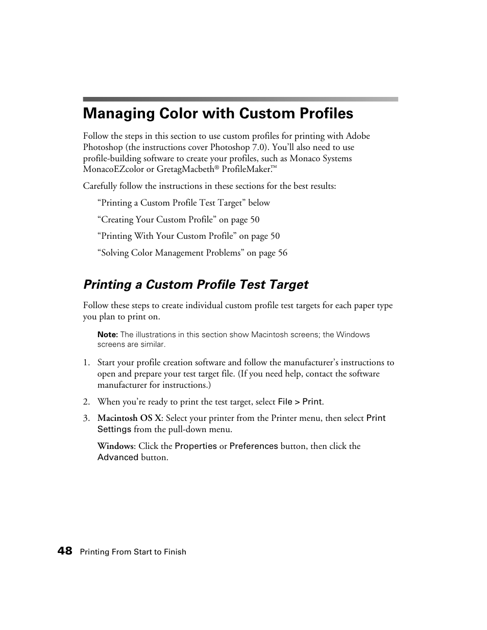 Managing color with custom profiles, Printing a custom profile test target | Epson 2200 User Manual | Page 54 / 106