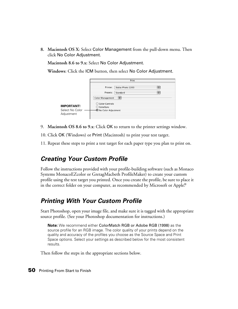 Creating your custom profile, Printing with your custom profile | Epson 2200 User Manual | Page 56 / 106