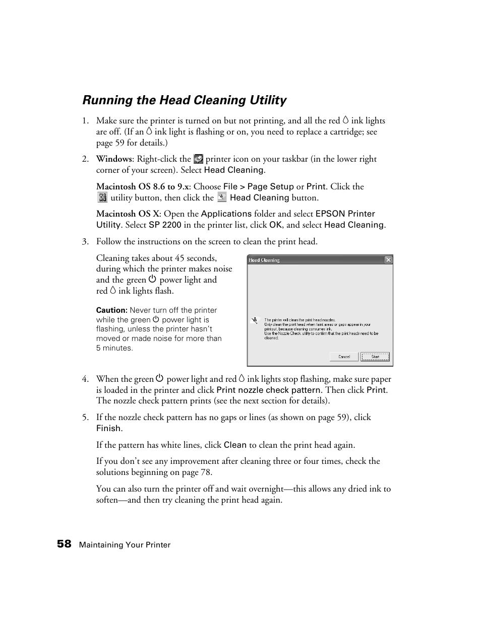 Running the head cleaning utility | Epson 2200 User Manual | Page 64 / 106