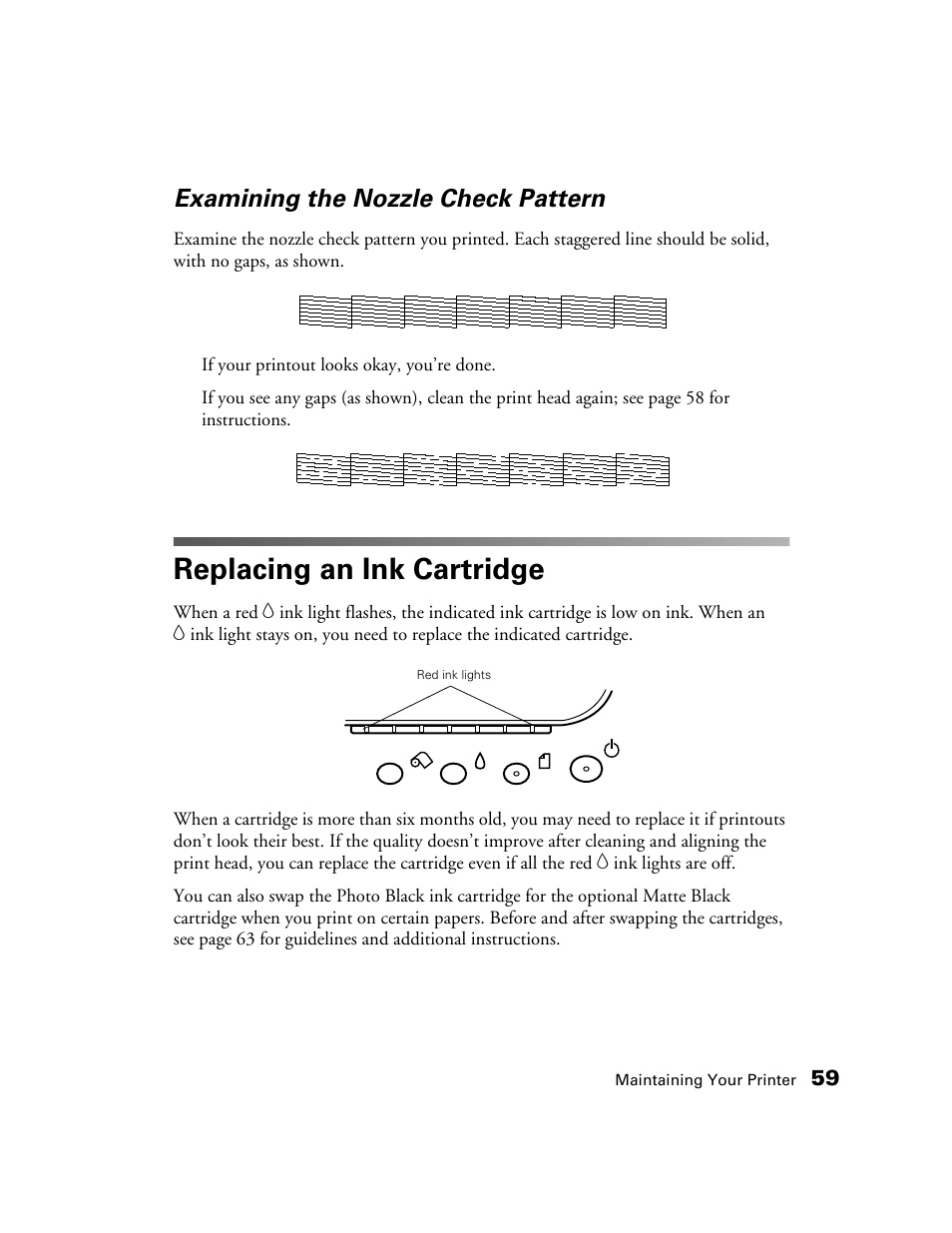 Examining the nozzle check pattern, Replacing an ink cartridge | Epson 2200 User Manual | Page 65 / 106