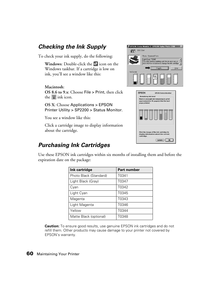 Checking the ink supply, Purchasing ink cartridges | Epson 2200 User Manual | Page 66 / 106