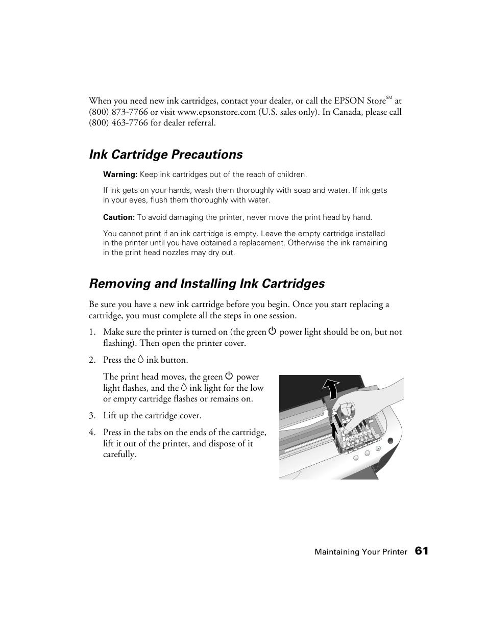 Ink cartridge precautions, Removing and installing ink cartridges | Epson 2200 User Manual | Page 67 / 106