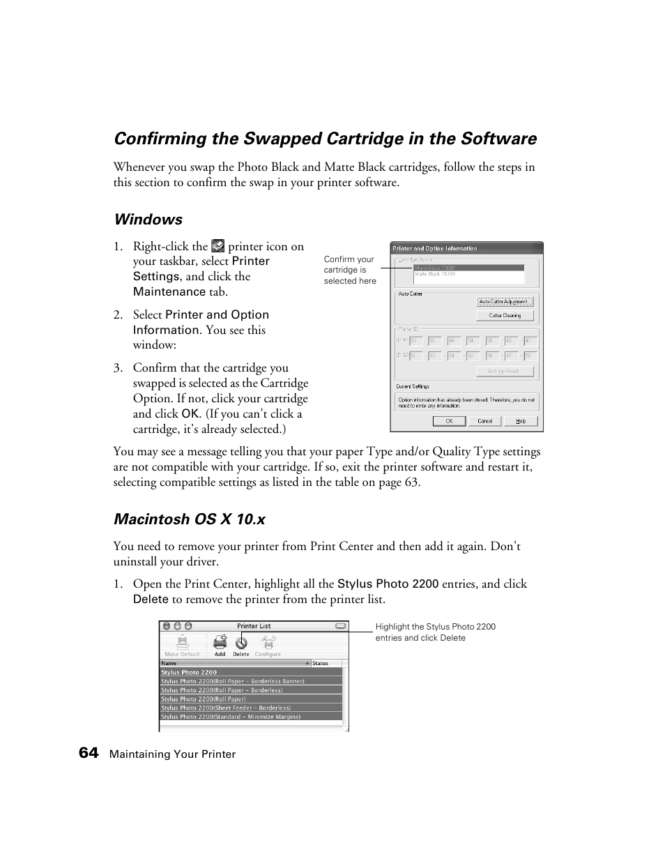 Confirming the swapped cartridge in the software | Epson 2200 User Manual | Page 70 / 106