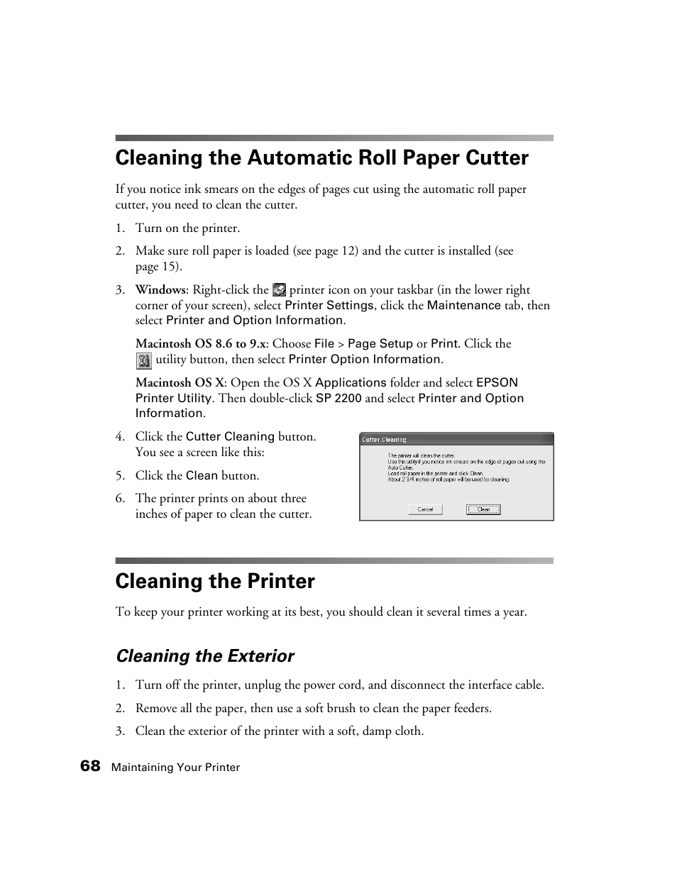 Cleaning the automatic roll paper cutter, Cleaning the printer, Cleaning the exterior | Epson 2200 User Manual | Page 74 / 106