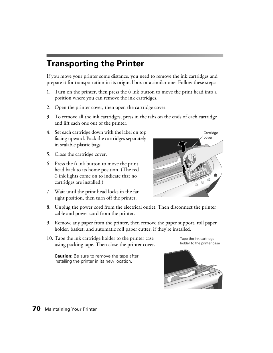 Transporting the printer | Epson 2200 User Manual | Page 76 / 106