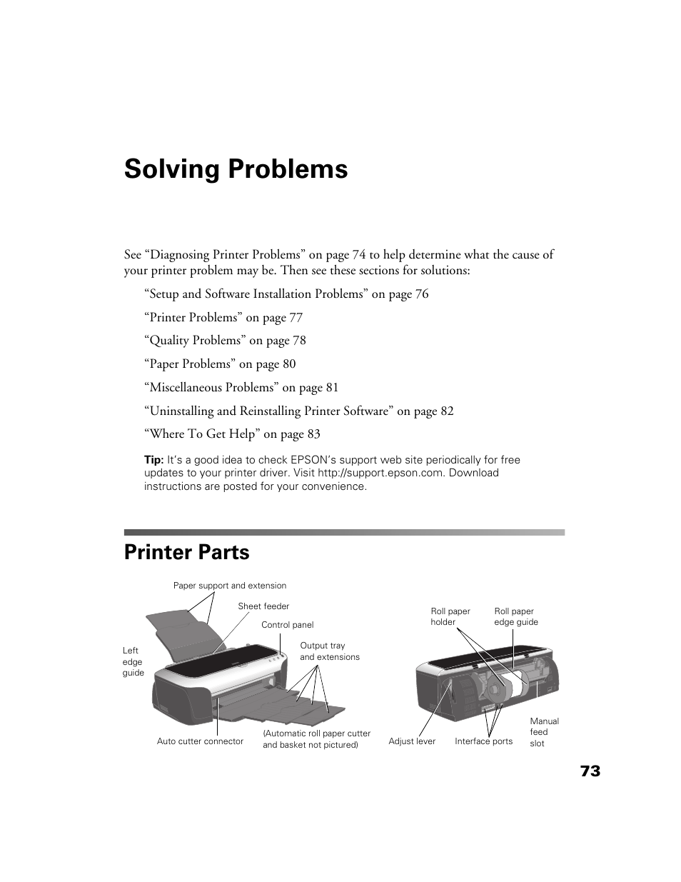 Solving problems, Printer parts | Epson 2200 User Manual | Page 79 / 106