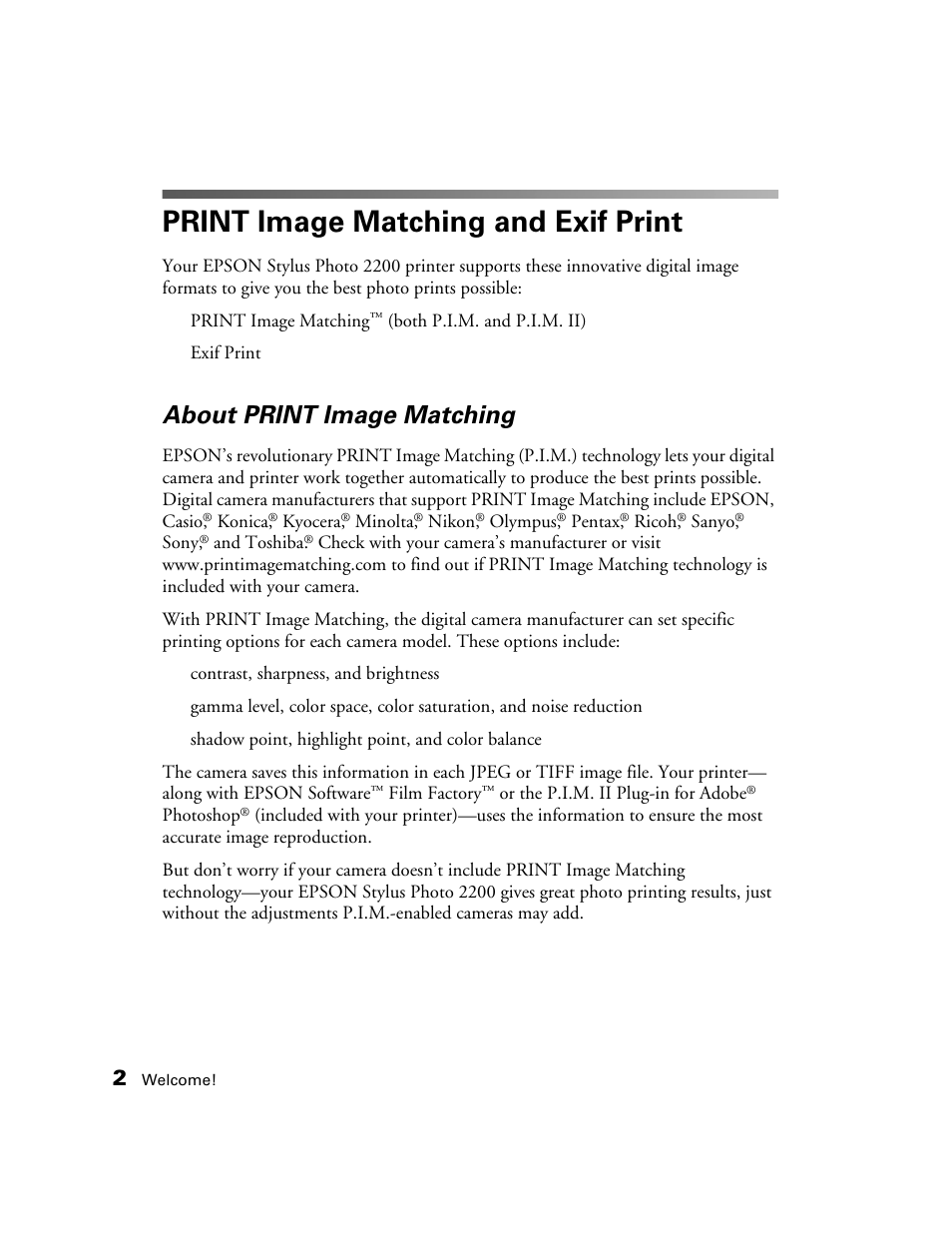 Print image matching and exif print, About print image matching | Epson 2200 User Manual | Page 8 / 106