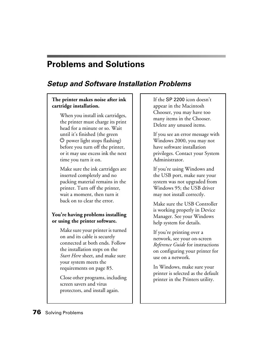Problems and solutions, Setup and software installation problems | Epson 2200 User Manual | Page 82 / 106