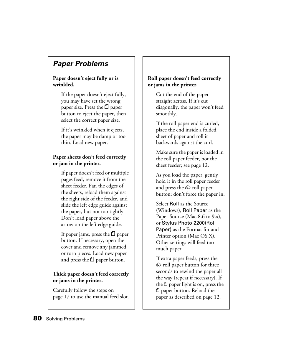 Paper problems | Epson 2200 User Manual | Page 86 / 106