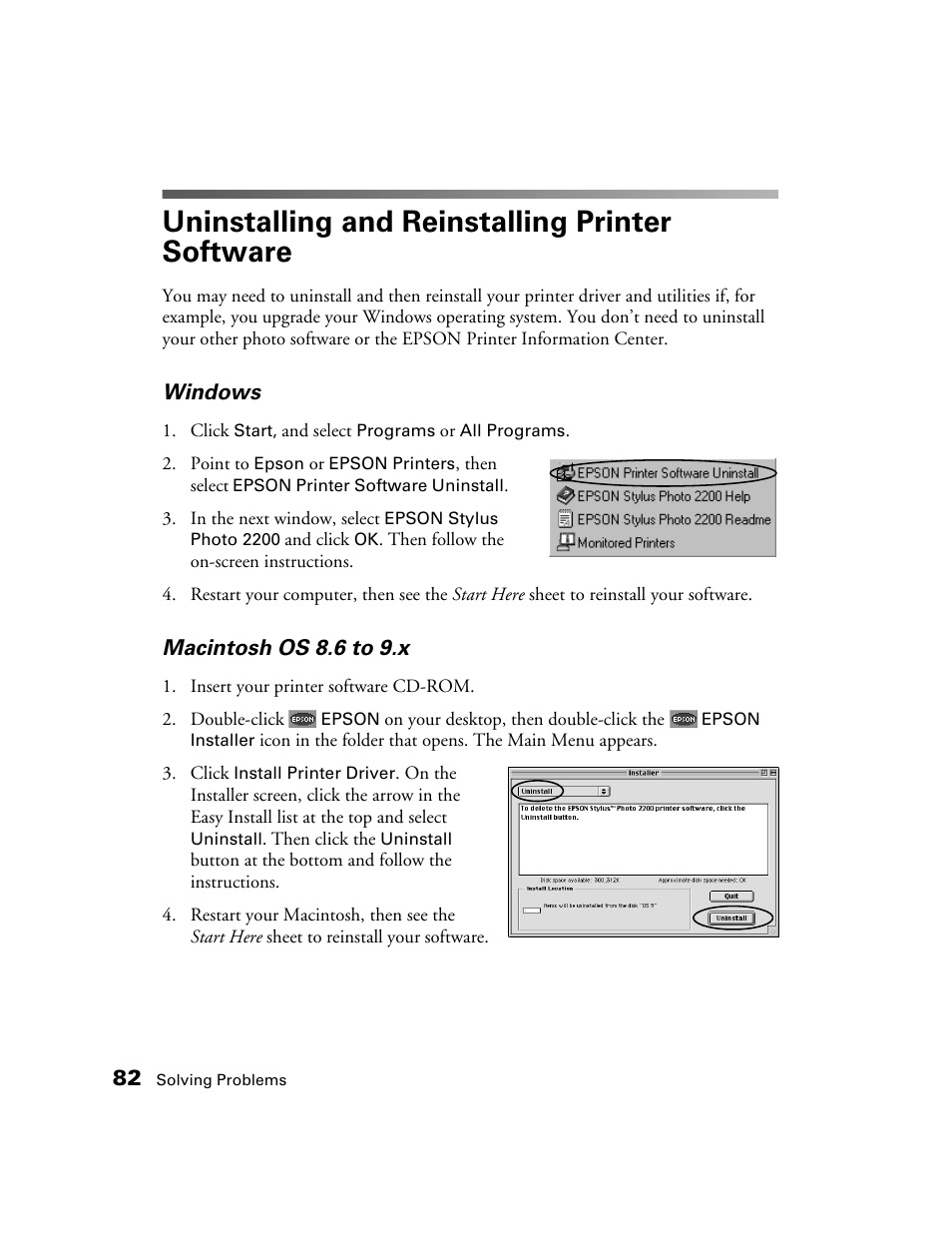 Uninstalling and reinstalling printer software | Epson 2200 User Manual | Page 88 / 106