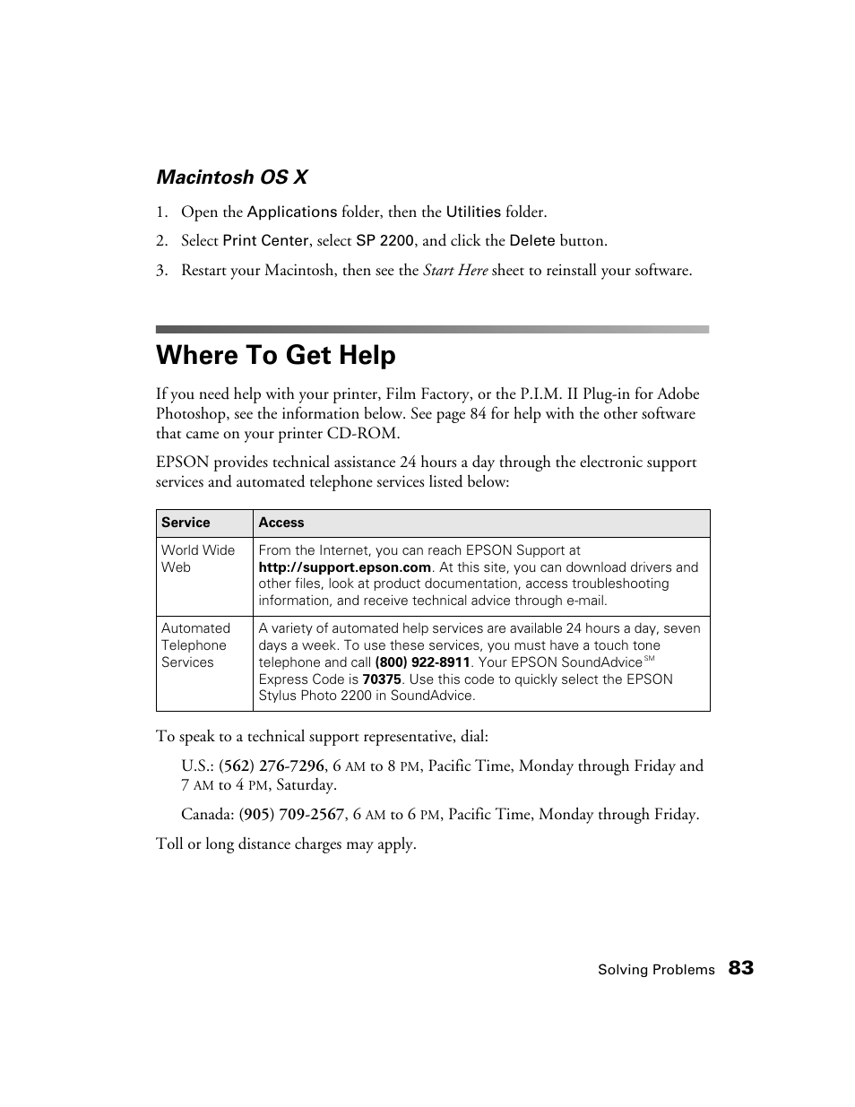 Where to get help, 83 macintosh os x | Epson 2200 User Manual | Page 89 / 106