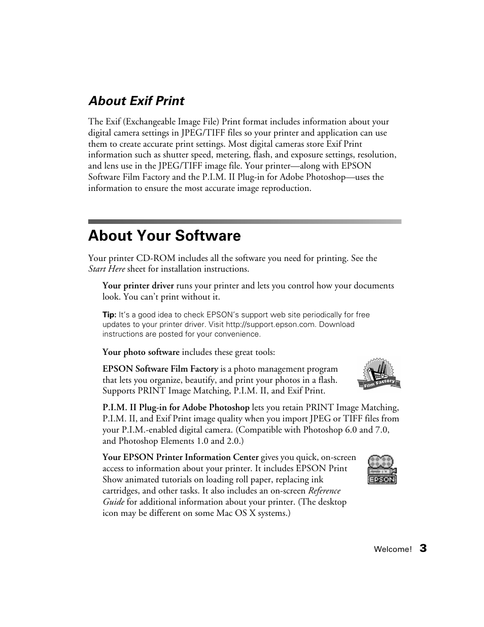 About exif print, About your software | Epson 2200 User Manual | Page 9 / 106