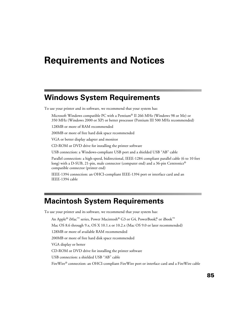 Requirements and notices, Windows system requirements, Macintosh system requirements | Epson 2200 User Manual | Page 91 / 106