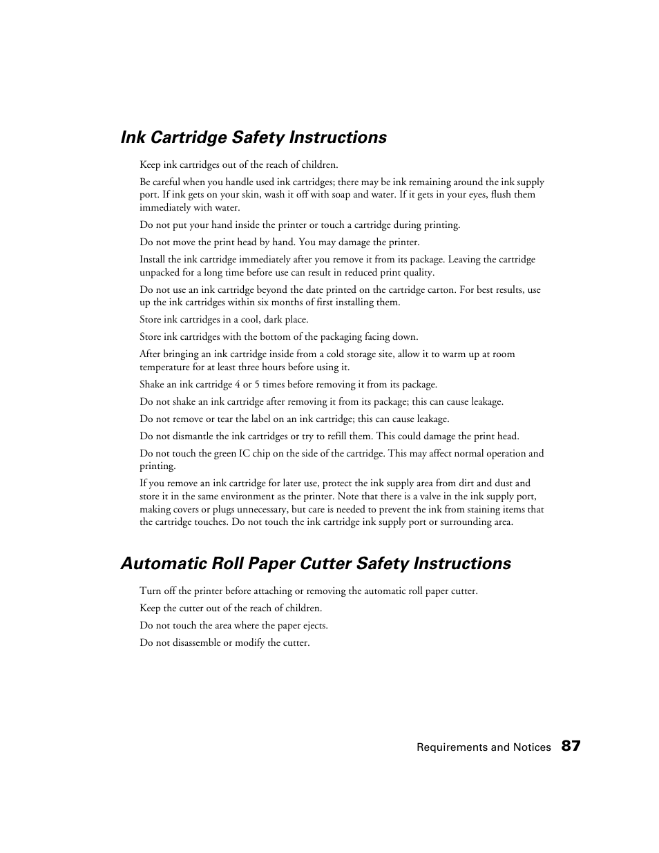 Ink cartridge safety instructions, Automatic roll paper cutter safety instructions | Epson 2200 User Manual | Page 93 / 106