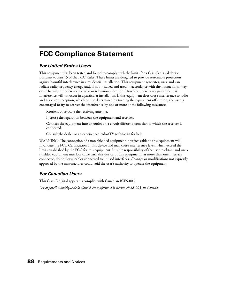 Fcc compliance statement | Epson 2200 User Manual | Page 94 / 106