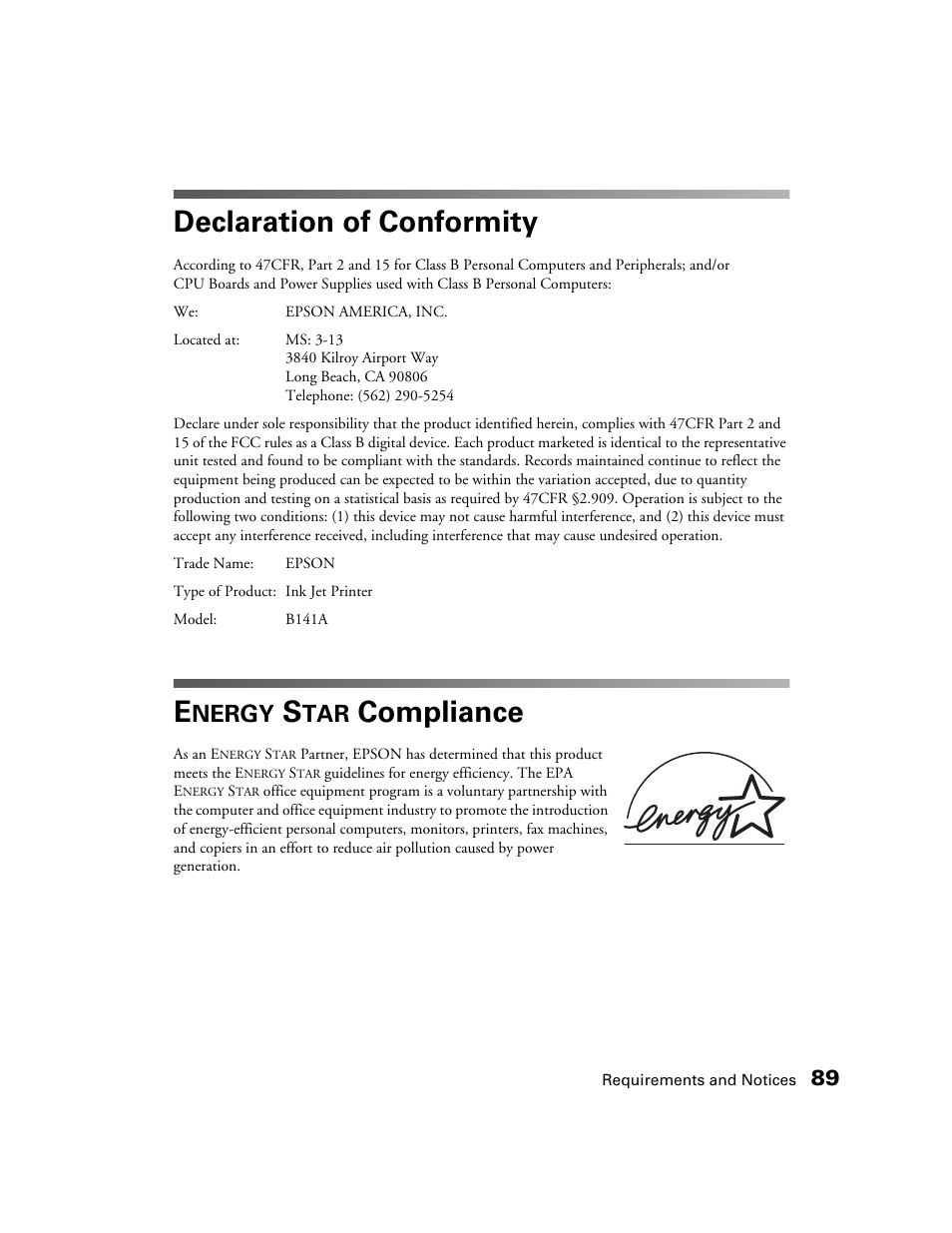 Declaration of conformity, Energy star compliance, Compliance | Nergy | Epson 2200 User Manual | Page 95 / 106