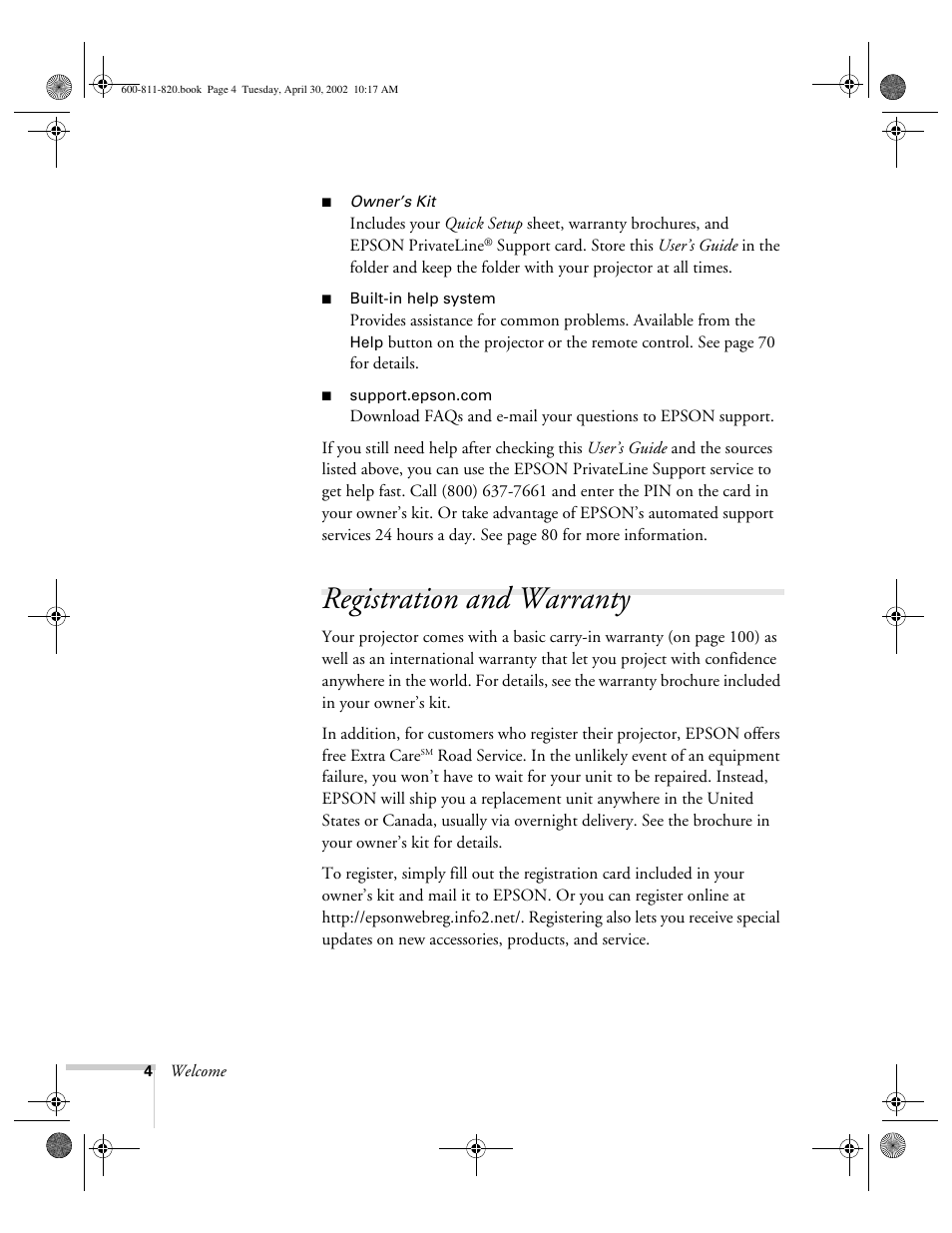 Registration and warranty | Epson 811p User Manual | Page 10 / 119
