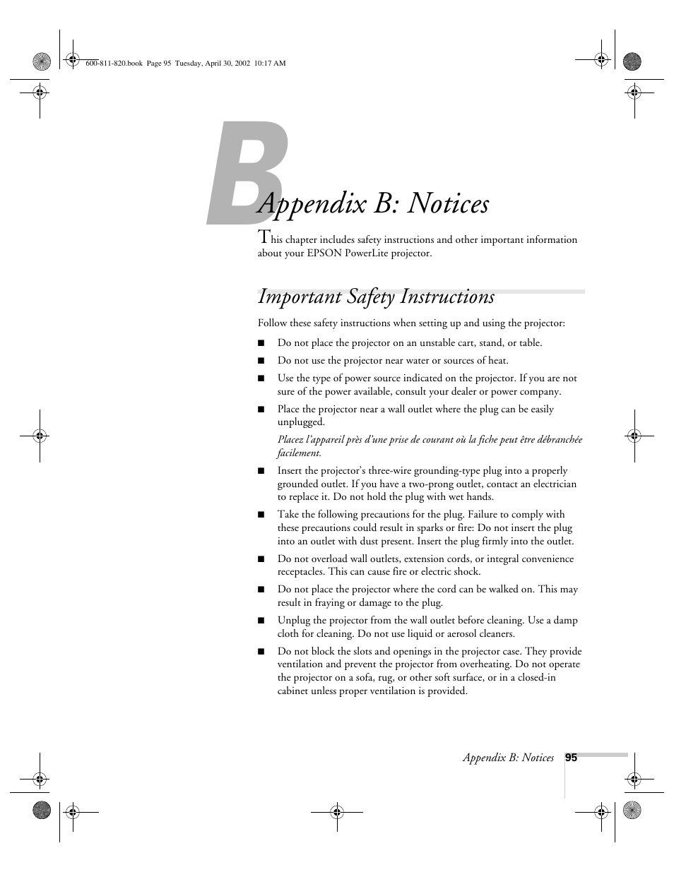 Appendix b-notices, Important safety instructions, Appendix b: notices | Epson 811p User Manual | Page 101 / 119
