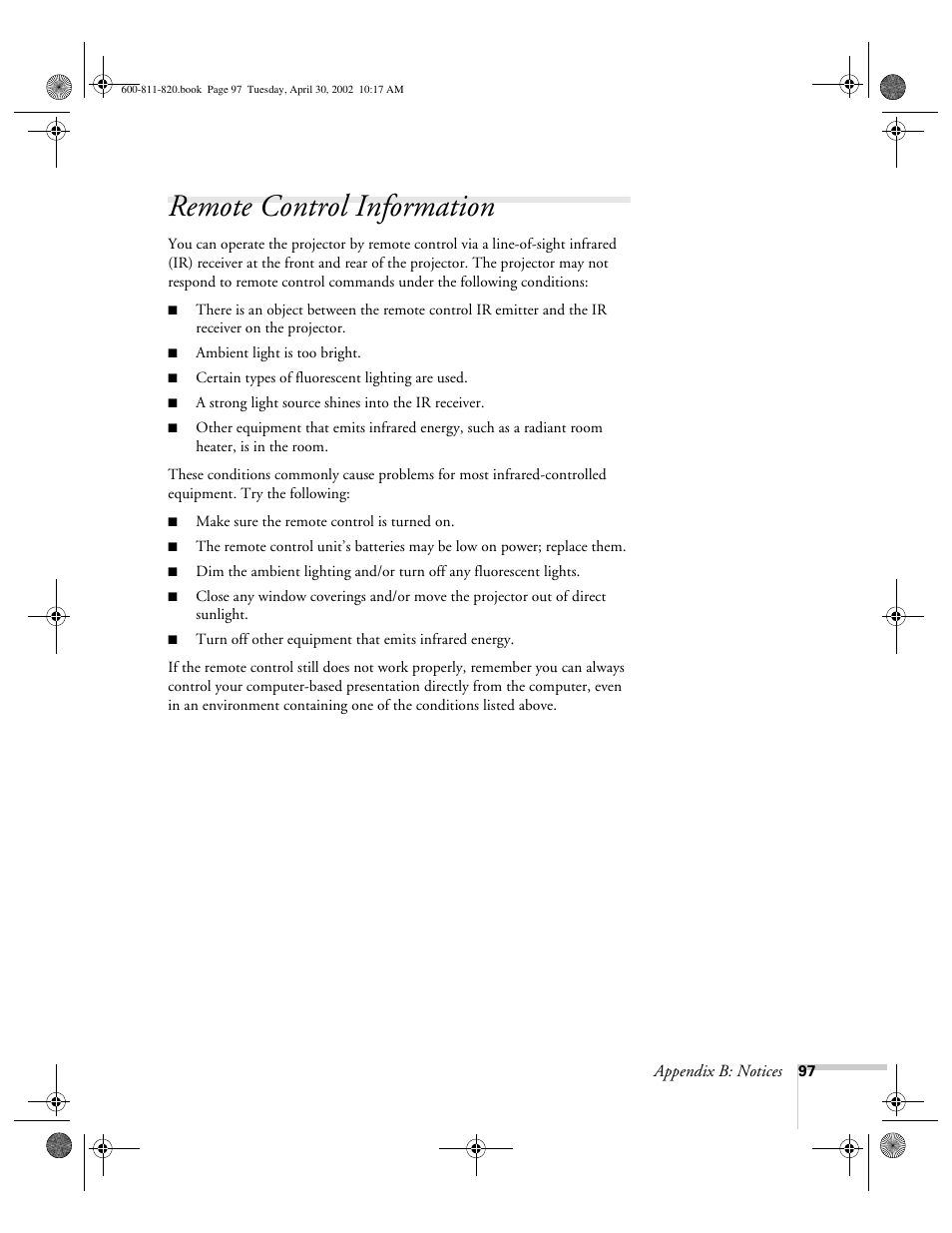 Remote control information | Epson 811p User Manual | Page 103 / 119