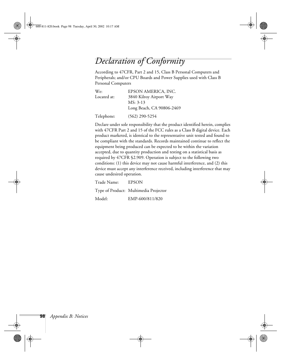 Declaration of conformity | Epson 811p User Manual | Page 104 / 119