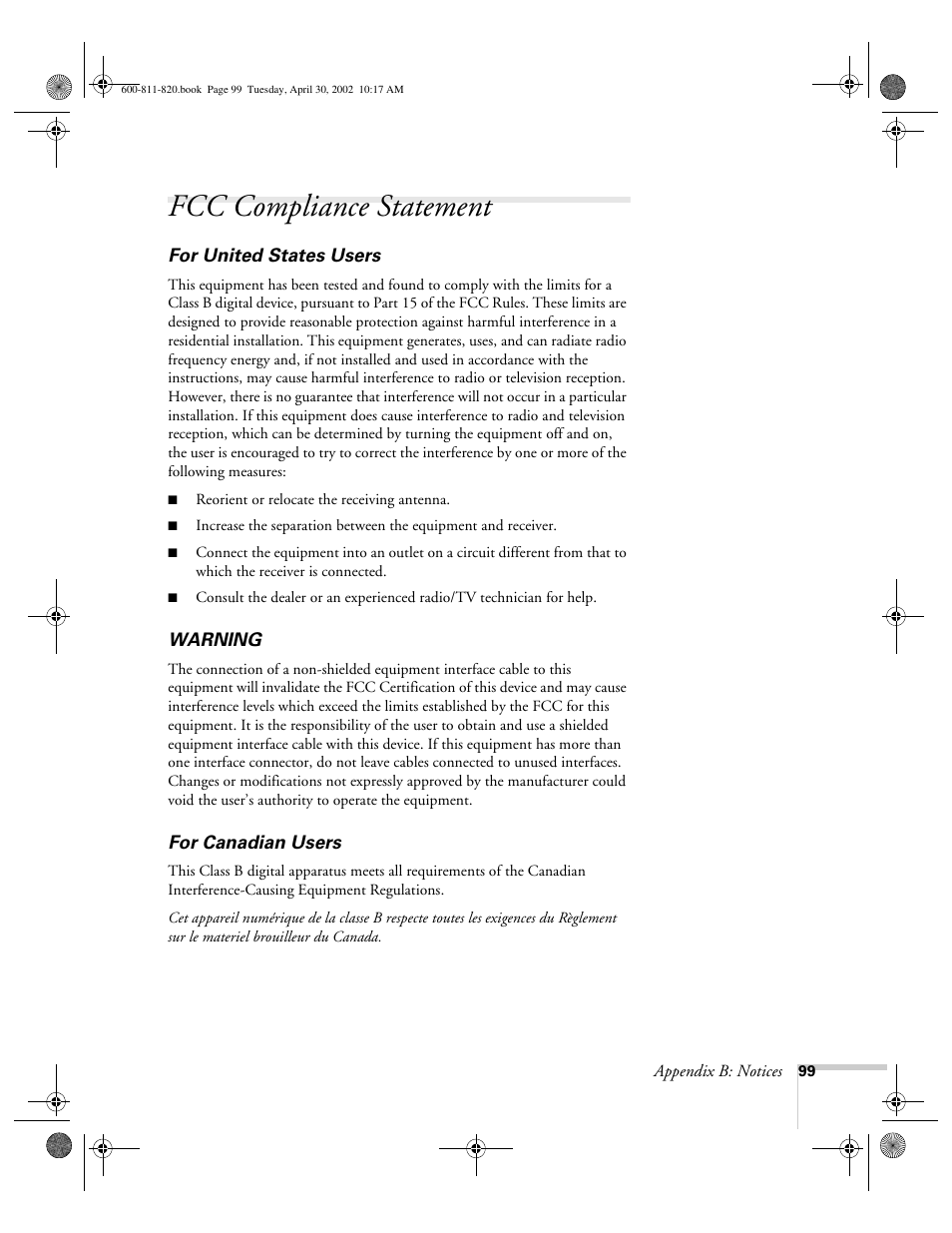 Fcc compliance statement | Epson 811p User Manual | Page 105 / 119